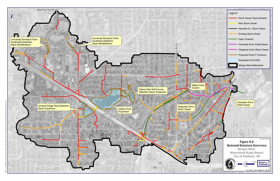 The map shows the locations of the Wingra West Watershed Flood Reduction solutions.  The background is an aerial photograph.  The watershed is outlined in black.  The proposed storm sewer upgrades are shown in red lines. The larger solutions have yellow callout boxes pointing to their locations.
