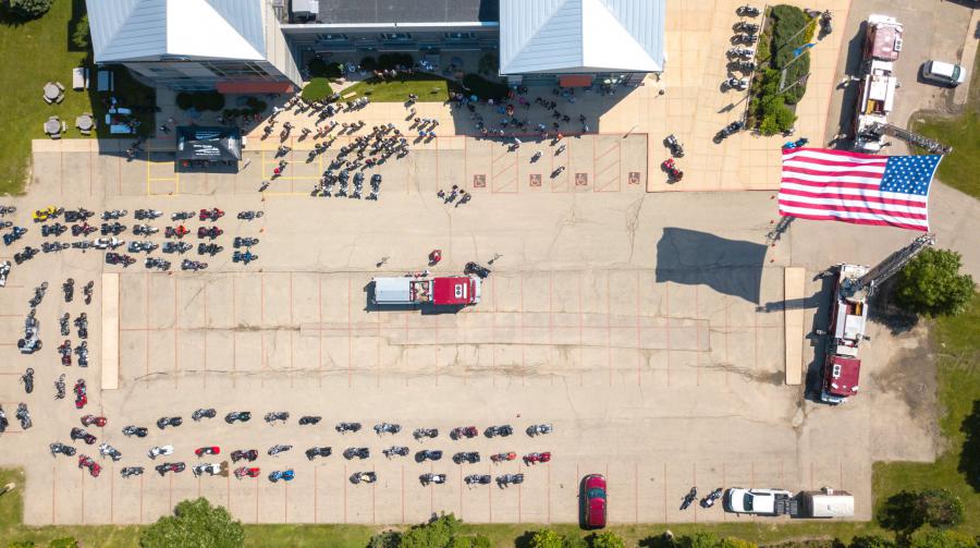Overhead shot of Engine 10 and event participants