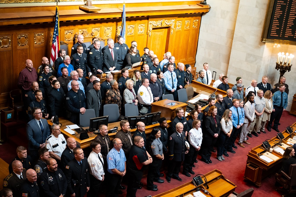 First responders from around the state gather at the front of the Wisconsin State Assembly