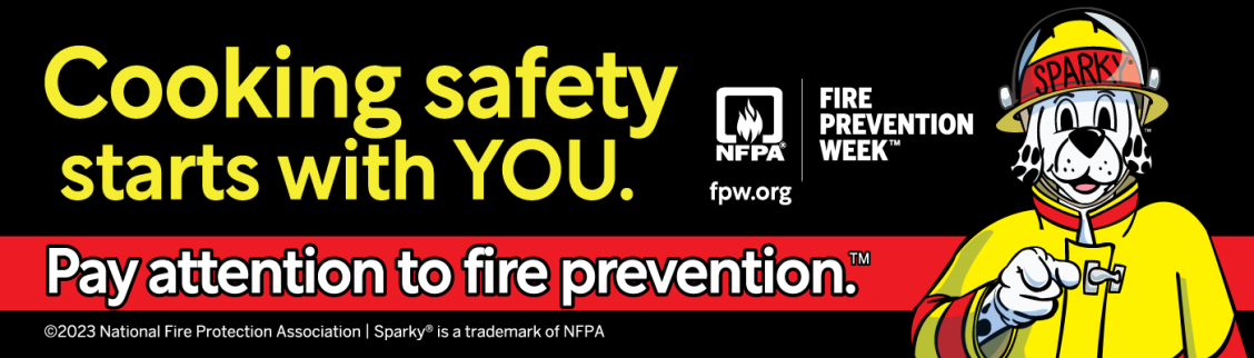 Fire Prevention Week banner with slogan and image of Sparky the Fire Dog