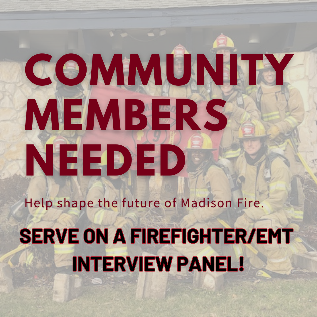 infographic that says "Community Members Needed" with picture of a MFD recruit class in the background