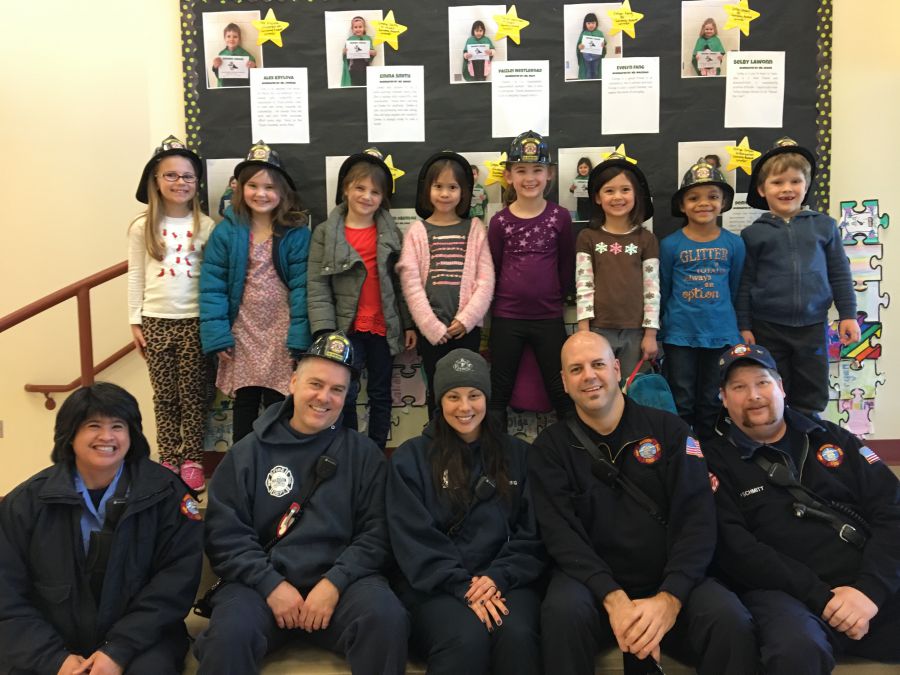 Engine 12's crew with Kindegarten and 1st Grade SWIMMY nominees