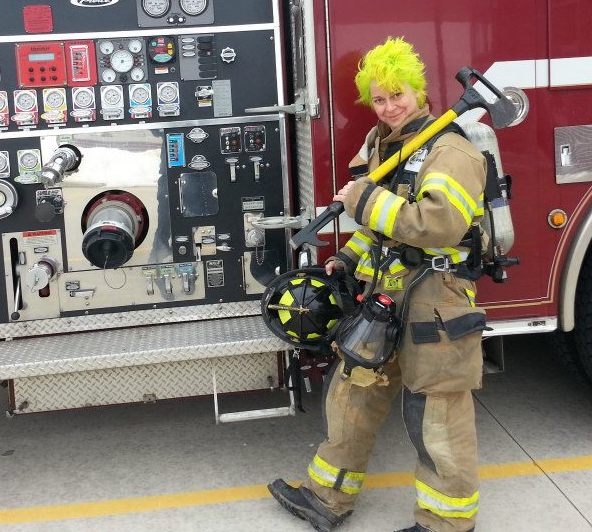 Firefighter Lisa Van Buskirk with bright yellow hair