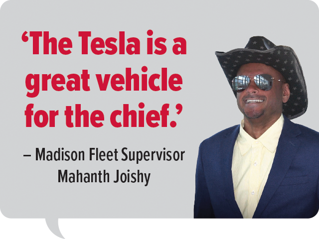 Mahanth Joishy with quote "The Tesla is a great vehicle for the chief"