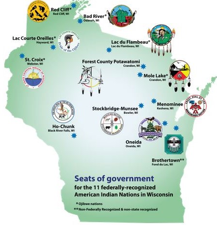 Map of indigenous tribes throughout Wisconsin.