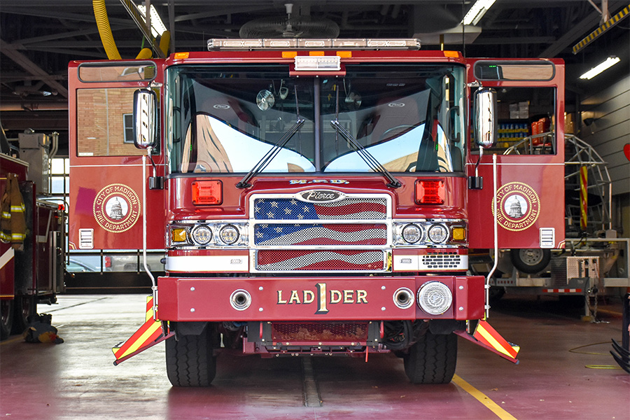 Tiller Ladder 1 seen from the front with doors open.