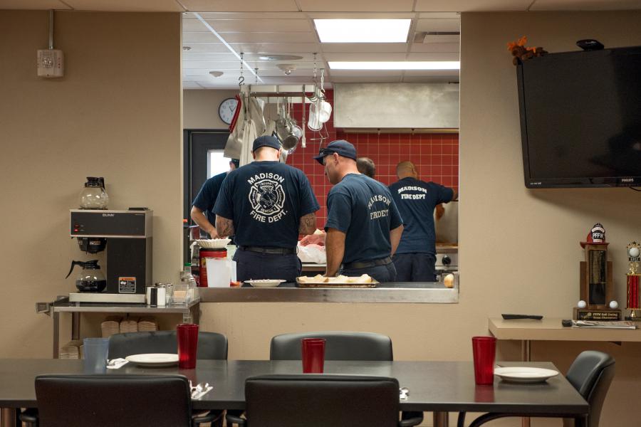 Station 1 Kitchen - The engine company, ladder company, Officer In Charge, and Chief's Aide dine together every day