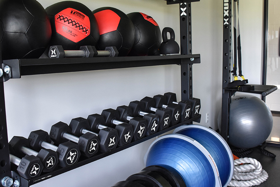 Hand weights and other fitness equipment.