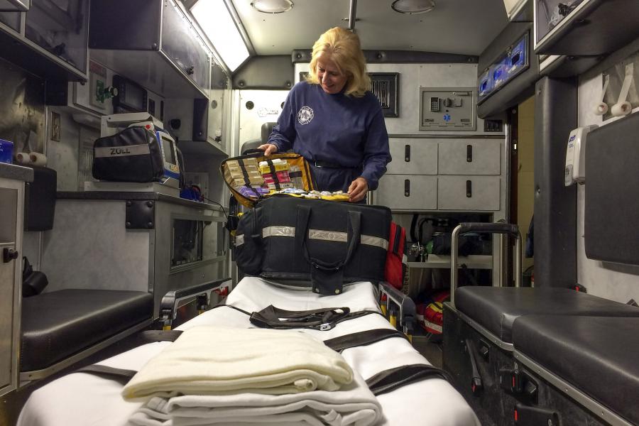 Medic 4 - A glimpse inside Medic 4, which carries an assortment of emergency medical equipment, supplies, and medications.