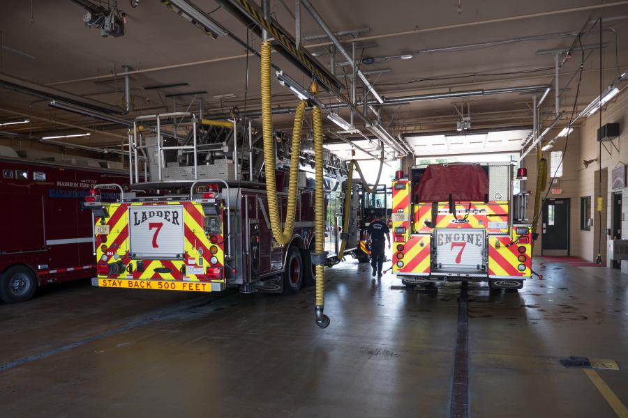 Station 7 Apparatus Bay - Station 7 is home to Engine 7, Ladder 7, and HIT 7, the City’s Hazardous Incident Team trailer. 
