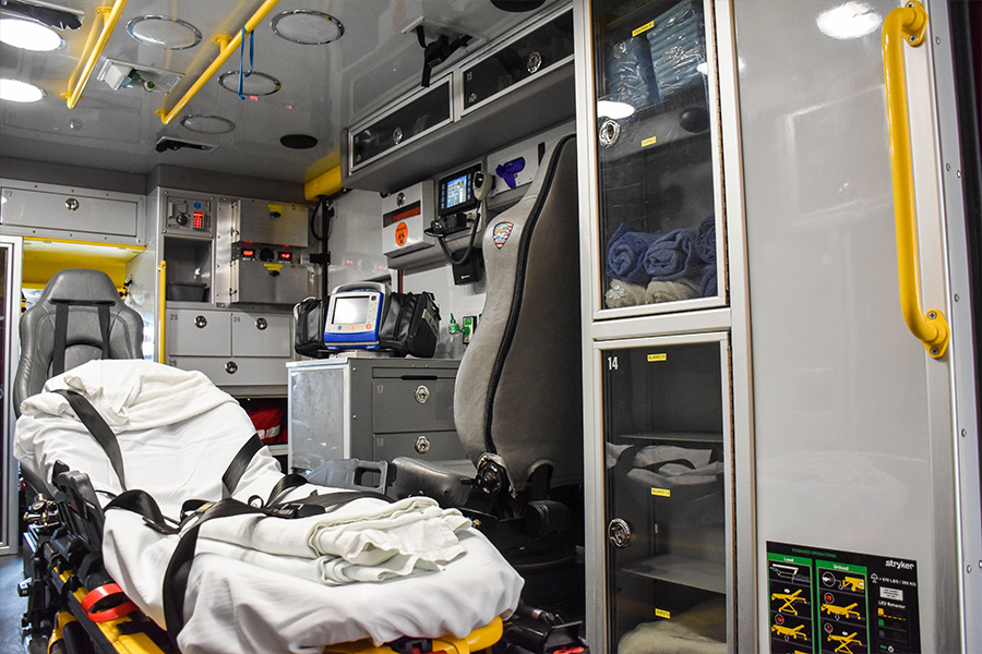 Cot and EMS equipment inside Medic 8.