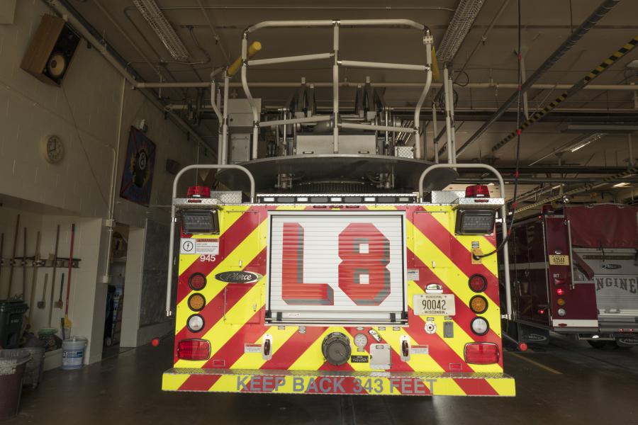 Ladder 8 - Ladder 8 is a 2014 Pierce Quantum Aerial Platform with a TAK4 suspension featuring a 100-foot aerial platform ladder with water tower.