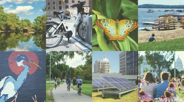 A collage of images highlighting Madison's sustainability initiative's, including biking, renewable energy, and natural areas.
