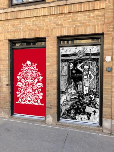 Example of what two downtown doors might look like after they are wrapped with art (Laura Komai's work left, T.L. Luke's work ri