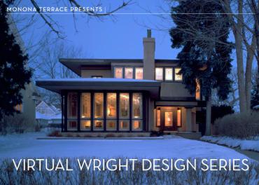 Wright-designed house windows lit up on a snowy winter evening