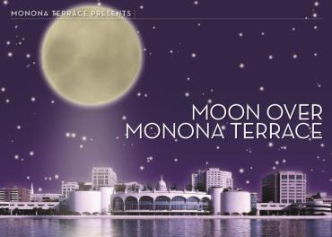 huge glowing full moon amidst starry night over Monona Terrace buidling