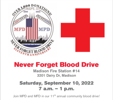 "Never Forget" Blood Drive graphic and event information