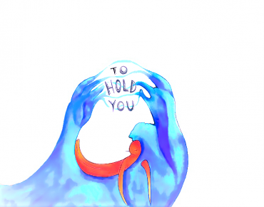 To Hold You Logo, designed by Sam Solomon, in which blue arms that rise like waves envelop a sweet red figure, possibly a sea mamal, that appears to be comforted by the embrace