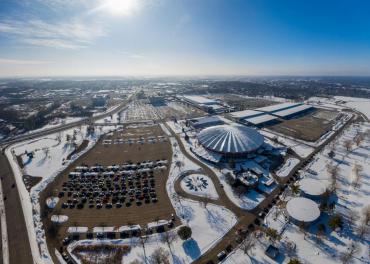 An aerial photo of Alliant Energy Center covered with snow 
