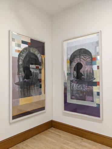 Tyanna Buie, Mugshot Profile # 3 (left) Mugshot Profile # 1 (right), 2016, Screen-Print, Hand-applied ink, Caran D’ache Monotype, Collage on Paper, 74" x 38"