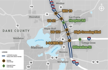 Image of I94 with two potential future interchanges located at Hoepker Rd and another at Milwaukee St.