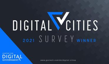 City of Madison is a 2021 Digital Cities Survey Winner! This image is a winner badge for the award.