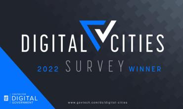 City of Madison is a 2022 Digital Cities Survey Winner! This image is a winner badge for the award.