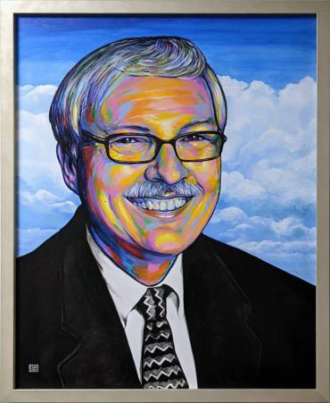 Photo realistic portrait of community servant and public leader Dick Wagner, painted in rainbow colors. Dick is pictured with a black suit jacket and black and white geometric tie. He is only visible above the chest. The background is light blue with white puffy clouds.