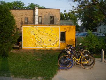 Photograph of Duane Bohlman's finished mural titled, "The word ‘Yahara’ means ‘Catfish’"