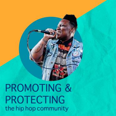 Image of performer with mic with the words "Promoting & Protecting the hip hop community" underneath the image