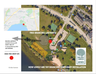 Aerial map that shows "How Lovely are thy Branches" labyrinth location in Olbrich Park