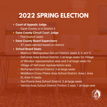 Spring 2022 Election. Court of Appeals Judge, District 4. Dane County Circuit Court Judge, Five branch seats. Dane County Board Supervisors, 37 seats elected based on district. School Board seats, Madison Metro Schools: seats 3, 4, and 5. DeForest Area: 5 seats. McFarland: 3 at-large seats. Middleton-Cross Plains Area: Area I, Area II, Area IV seats. Sun Prairie: 3 at-large seats. Verona: Portion 2 seat, 1 at-large.