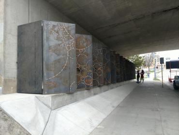 Installation image of steel panels installed for the public Art installati