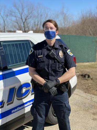 An example of an officer wearing gloves, a mask and eye protection.
