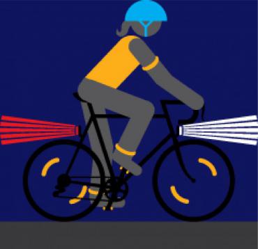 Graphic of person wearing bike helmet, yellow reflective vest and arm/leg bands, riding a bicycle at night.  Front and rear lights glowing. 