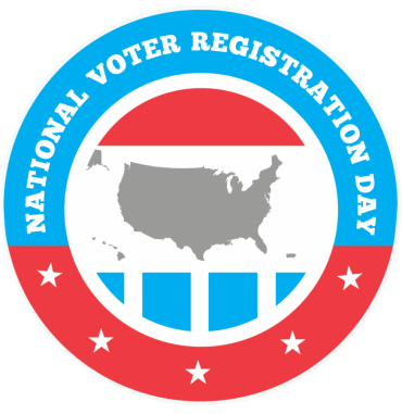 National Voter Registration Day logo. Red, white, and blue with outline of United States in middle.