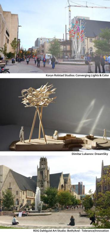 Design concept and maquette images of the three proposals for a new public art piece at the 700 & 800 block of State St.