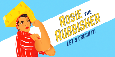 Rosie the Rubbisher is the name of the trash compactor. The image is inspired by Rosie the Riveter, but she is wearing a cheese hat. The background looks like the Madison city flag.