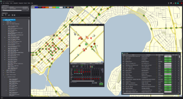 La imagen muestra un mapa amarillo y azul del istmo de Madison con puntos circulares rojos y verdes que muestran los patrones de tráfico y la congestión. Texto adicional en cuadros para describir las áreas y los datos históricos.