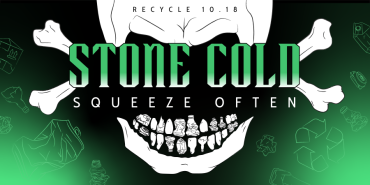 Stone Cold Squeeze Often is the name of the recycling compactor. The image is of a skull and crossbones, but the teeth are recyclables