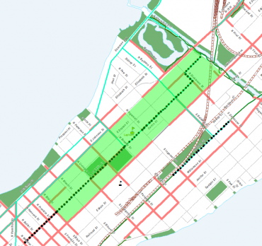 Image with green box highlighting streets in Tenney_Lapham neighborhood for 20 is Plenty program