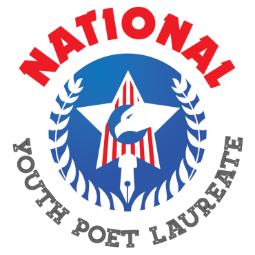 National in all caps in red above a blue circle with a white star, eagle, and laurel wreath and the text youth poet laureate in grey below the circle.