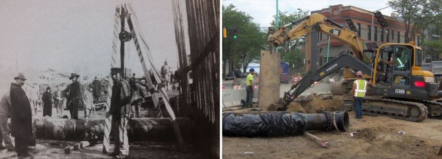Water main installation in the 1880s and today