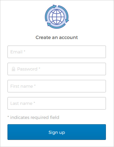 Account creation form with fields for email, password, first name and last name with a large sign up button at the bottom.