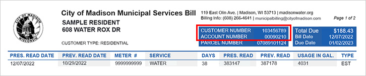 Top of a water bill with a red box around the customer number and account number.