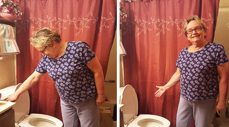 Gloria LeMay checks out her new HE toilet